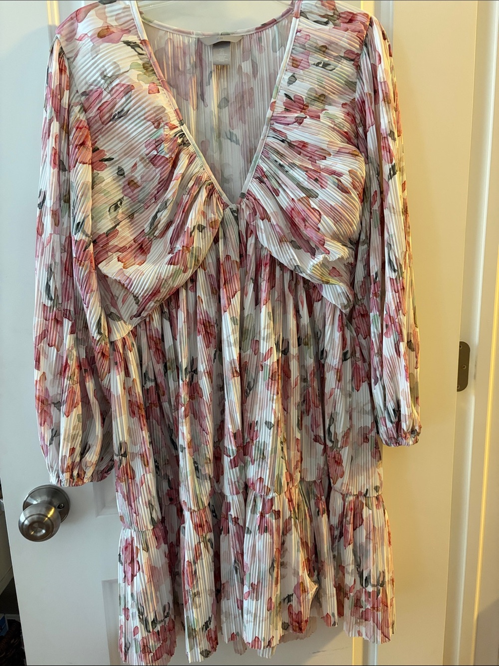 H&M Floral Pleated V-Neck Mini Dress in Pink and Green